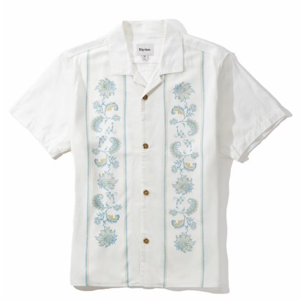 Rhythm White and Blue Floral Men's Cuban Resortwear Linen Shirt